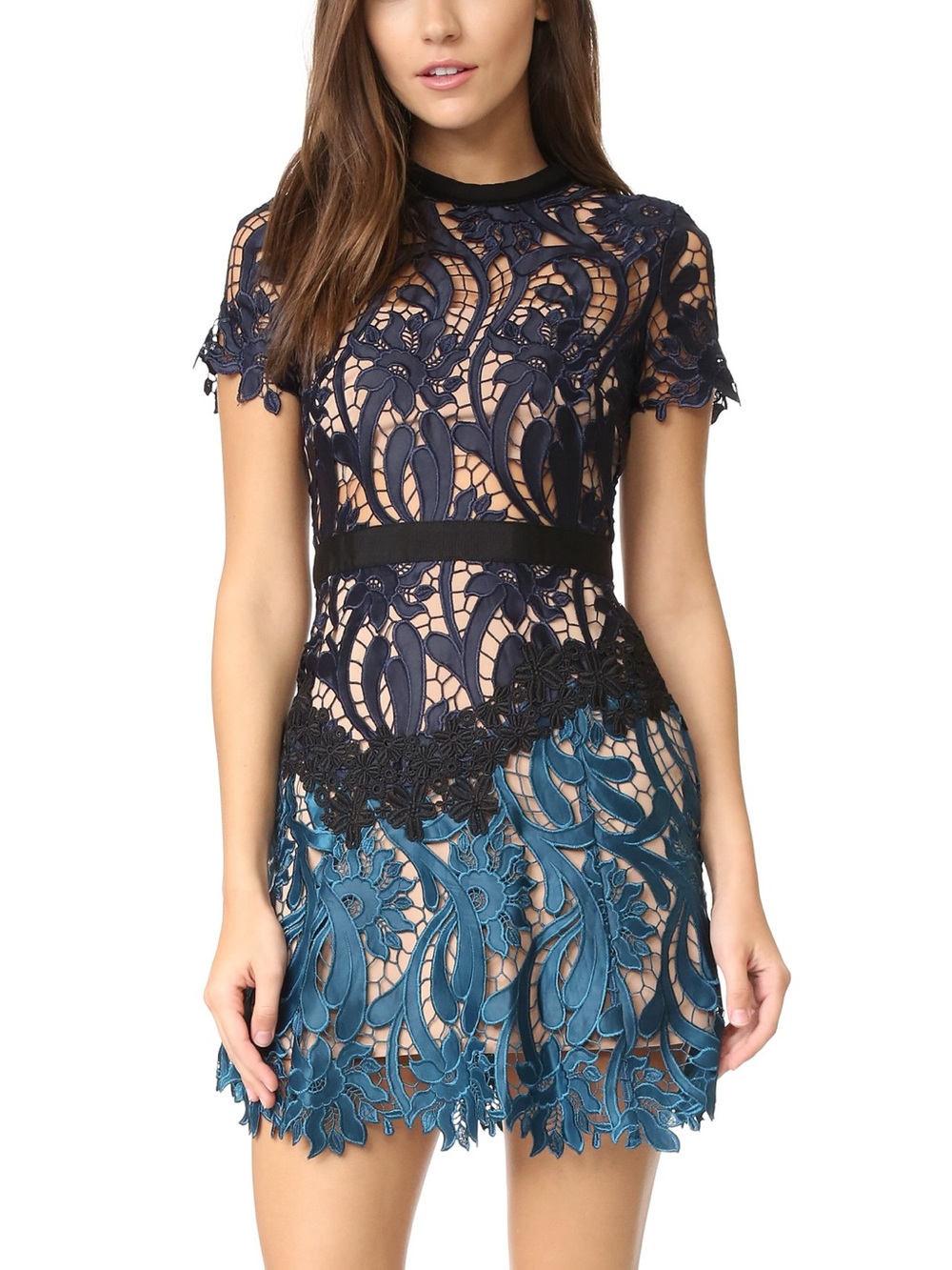 Self-Portrait Navy and Teal Floral Lace Mini Dress Sz 2